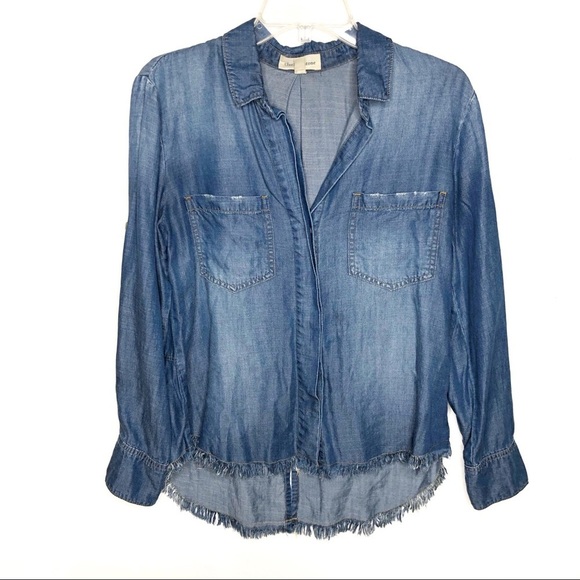 cloth & stone Chambray Raw Hem Button Shirt Blue S - Picture 10 of 11